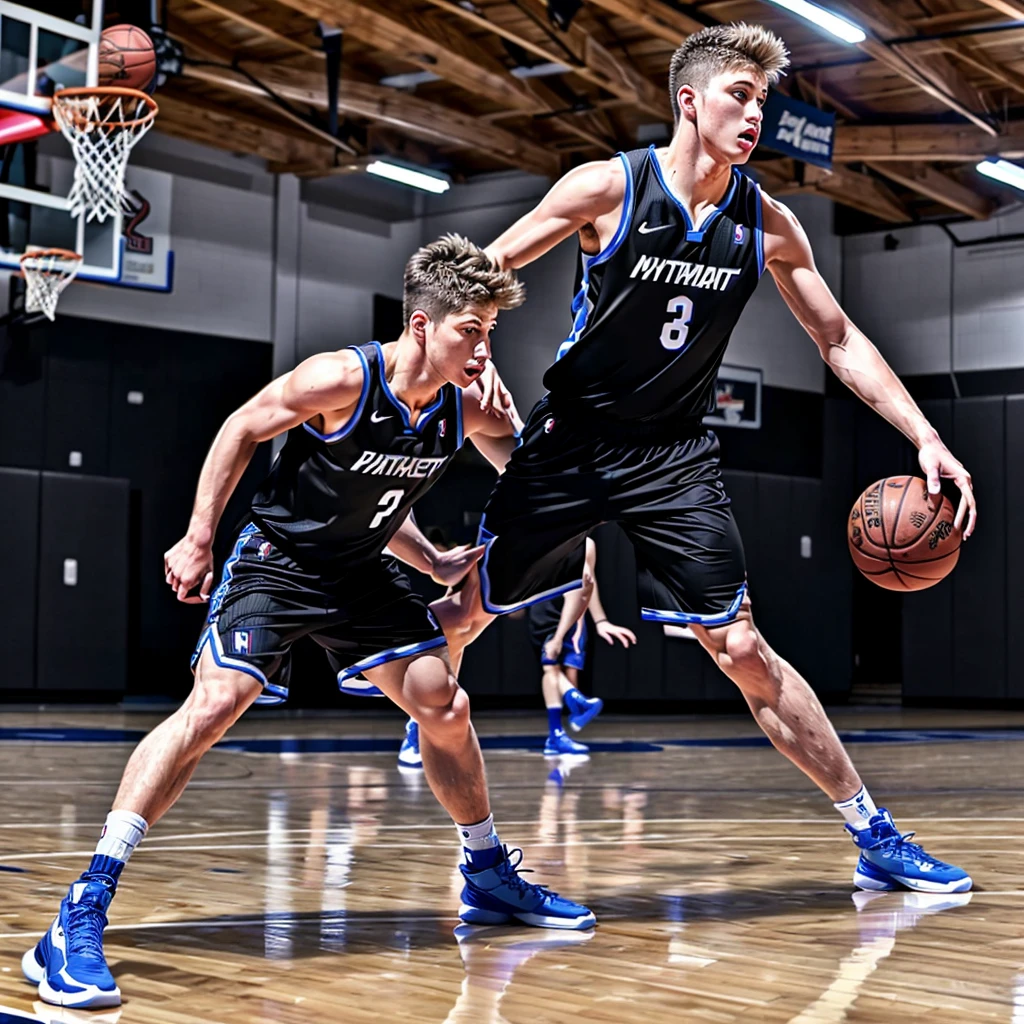 (basketball gym), high ceiling, (hardwood floor), (basketball court), sweaty JackHarrer is a basketballplayer, sweaty gray  tank top, shorts, white socks, black sneakers, basketball, dynamic movement, dribbling, (((full body portrait))), wide angle  