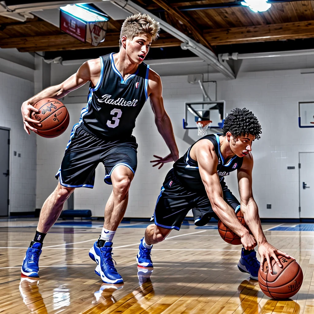 (basketball gym), high ceiling, (hardwood floor), (basketball court), sweaty JackHarrer is a basketballplayer, sweaty gray  tank top, shorts, white socks, black sneakers, basketball, dynamic movement, dribbling, (((full body portrait))), wide angle  