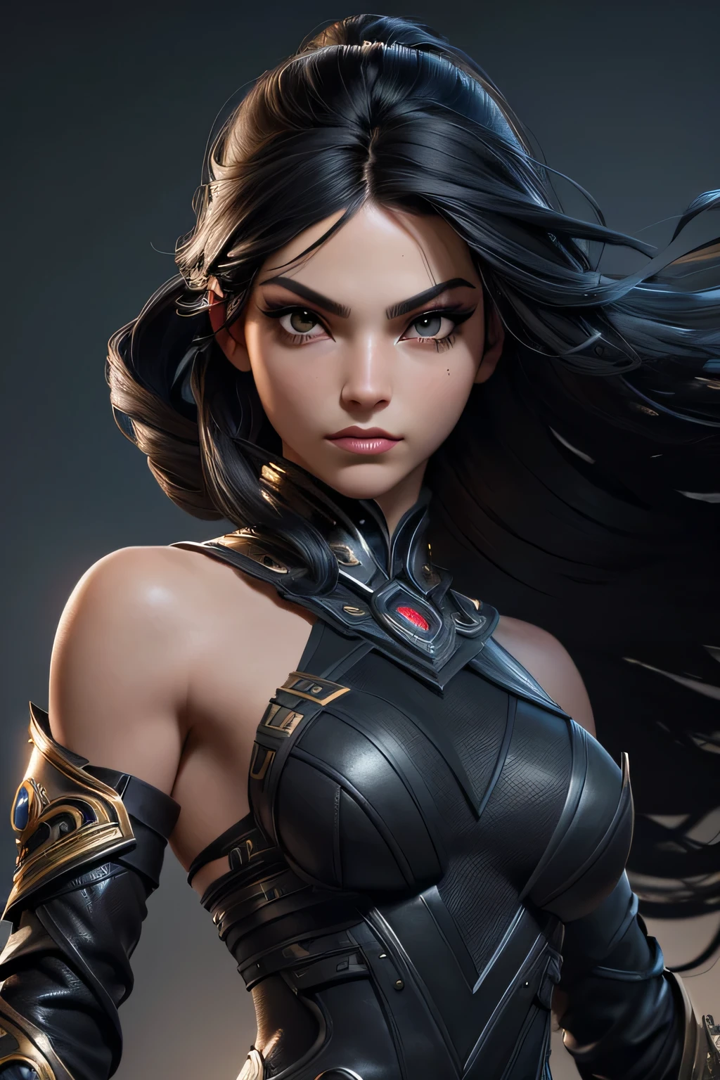 ((best qualityer)), ((work of art)), (detailded), 1 girl, blackquality hair, light and long. black eyes and striking eyelashes . with futuristic warrior costume, powerful and mysterious heroine, with a seductive presence, but intimidating. frontal photograph. c