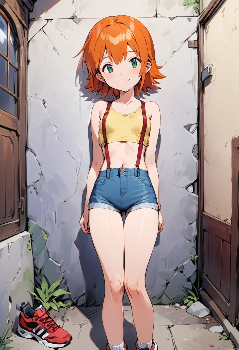 ((masterpiece,High resolution,Highest quality,8K,Detailed face and anatomy))
(Foggy_Pokemon)(One 18-year-old woman)
(Berry Short,Orange Hair,One-sided up hair,Big green eyes,insect eye view,Small breasts,skinny)
(Yellow Sleeveless T-Shirt,Navel exposed,Denim hot pants,Red suspenders,sneakers)
Grin