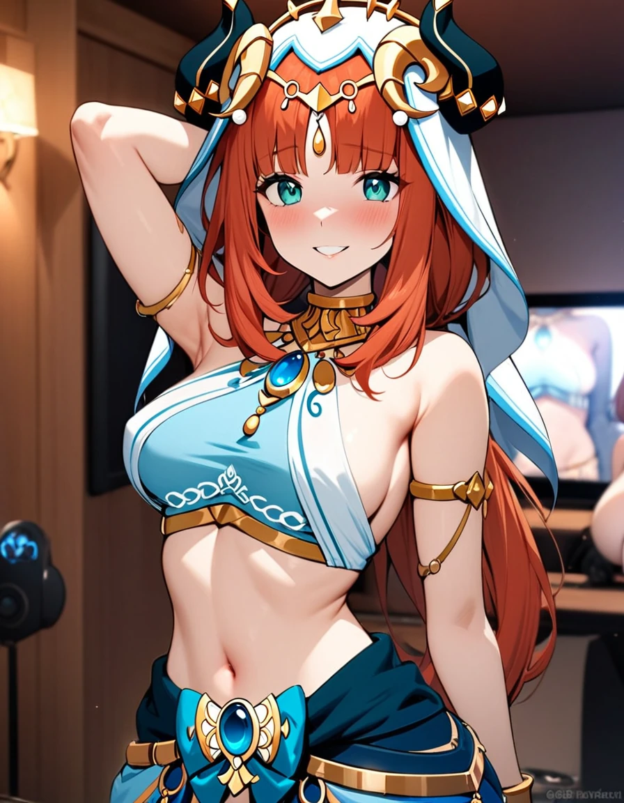 (masterpiece), best quality, expressive eyes, perfect face,Mature female,1 girl (nilou,Genshin impact),(harem outfit,exposed midriff,topless),karaoke room background,medium breasts,smile,topless,nipple,slim figure,