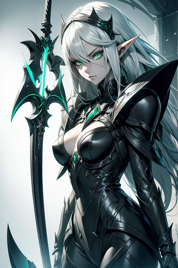 female elf necromancer, silver hair, white skin, emerald eyes, sinister aura black full leather armor, completely full body art, pointy ears, two-handed scythe weapon