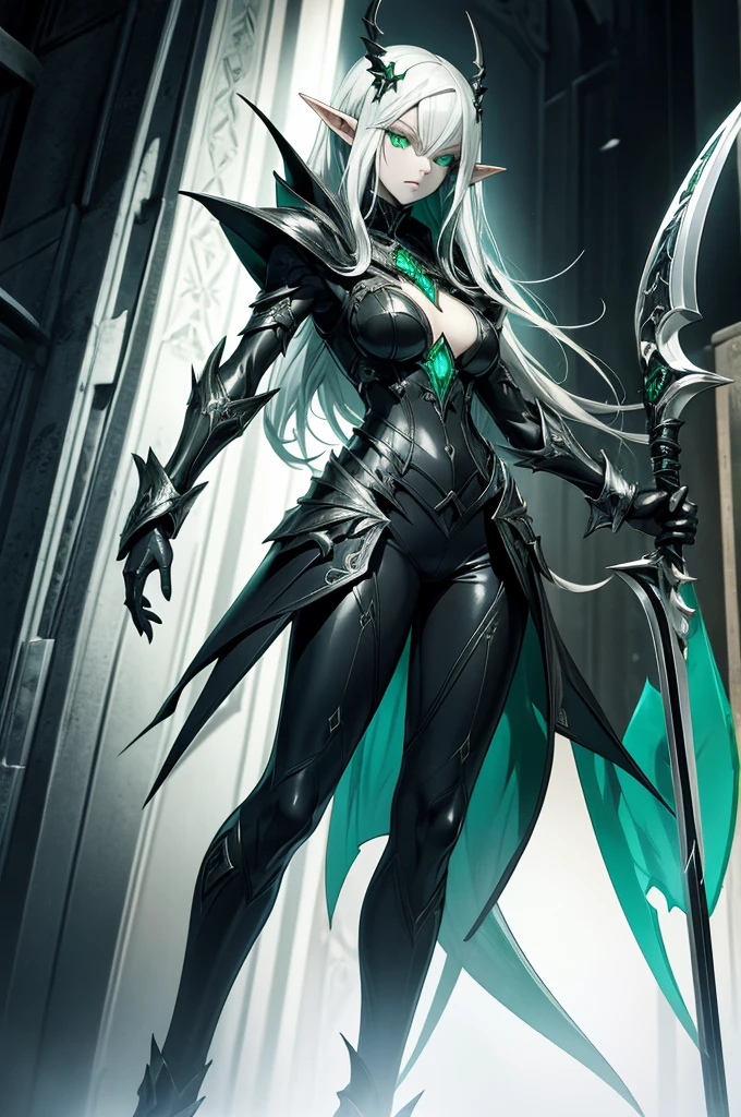 female elf necromancer, silver hair, white skin, emerald eyes, sinister aura black full leather armor, completely full body art, pointy ears, two-handed scythe weapon