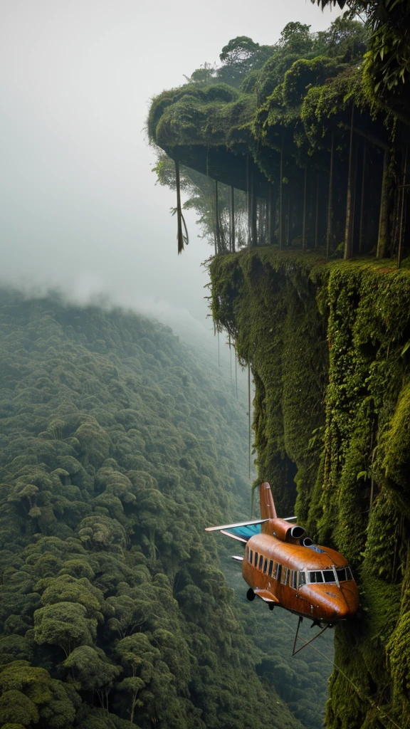 (RAW PHOTO), The rusted airplane in the Amazon jungle, on the highest cliff, Moss, fog, details, hyper-realistic, 16k