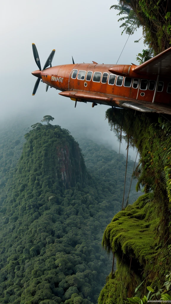 (RAW PHOTO), The rusted airplane in the Amazon jungle, on the highest cliff, Moss, fog, details, hyper-realistic, 16k