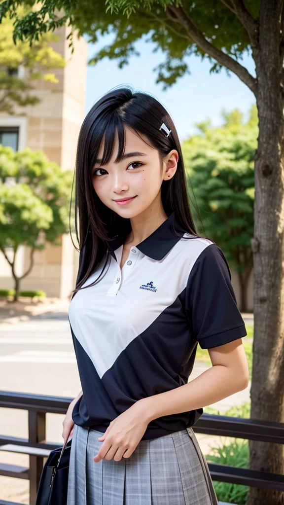 ((best quality)), ((masterpiece)), (details), one girl, sexy ((best quality)), ((masterpiece)), (details), one girl, sexy ((best quality)), ((masterpiece)), (details), one girl, full body, sexy expensive body, expensive, long legs, mature woman, mature, adult, it_nagatoro_main, Hayase Nagatoro, one girl, blushing, alone, uniform polo shirt, short sleeves, black hair,brown eyes, hair accessory, looking at viewer, hair clip, smiling, long hair, dark skinned woman, dark skin, , bangs, daytime, skirt, collared shirt, collarbone, ear clip, mouth closed, tree, asymmetrical bangs, upper body