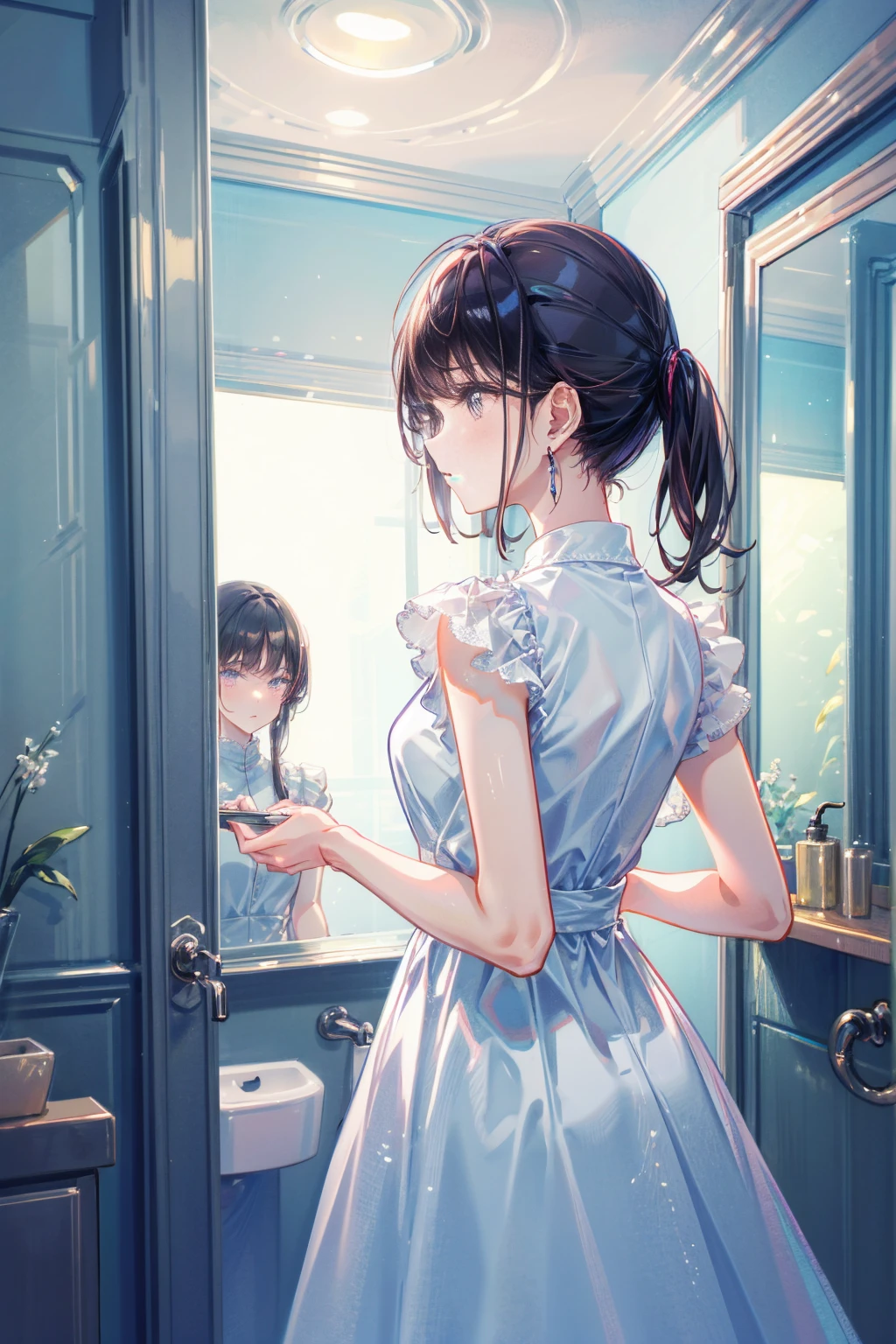 (Very detailed figure), masterpiece, (Very detailed), Detail Quality Top Quality, (Very detailed: 1. 1), Very detailed light reflection, Harmony, Very detailed background, Very detailed, High resolution, production Official art, Very detailed, figure, Novel cover, Beautiful woman、Draw a scene of Misaki standing in front of the bathroom mirror.。Misaki is wearing a transparent dress with a light mist-like texture.。The dress symbolized her loneliness.、It gives a heavy yet ephemeral feeling.。Her expression is sad and introspective.、I&#39;m looking at myself in the mirror。The background is a simple and contemporary bathroom.、The soft morning light shines in、There&#39;s a little bit of steam。The cityscape is faintly reflected in the mirror.。