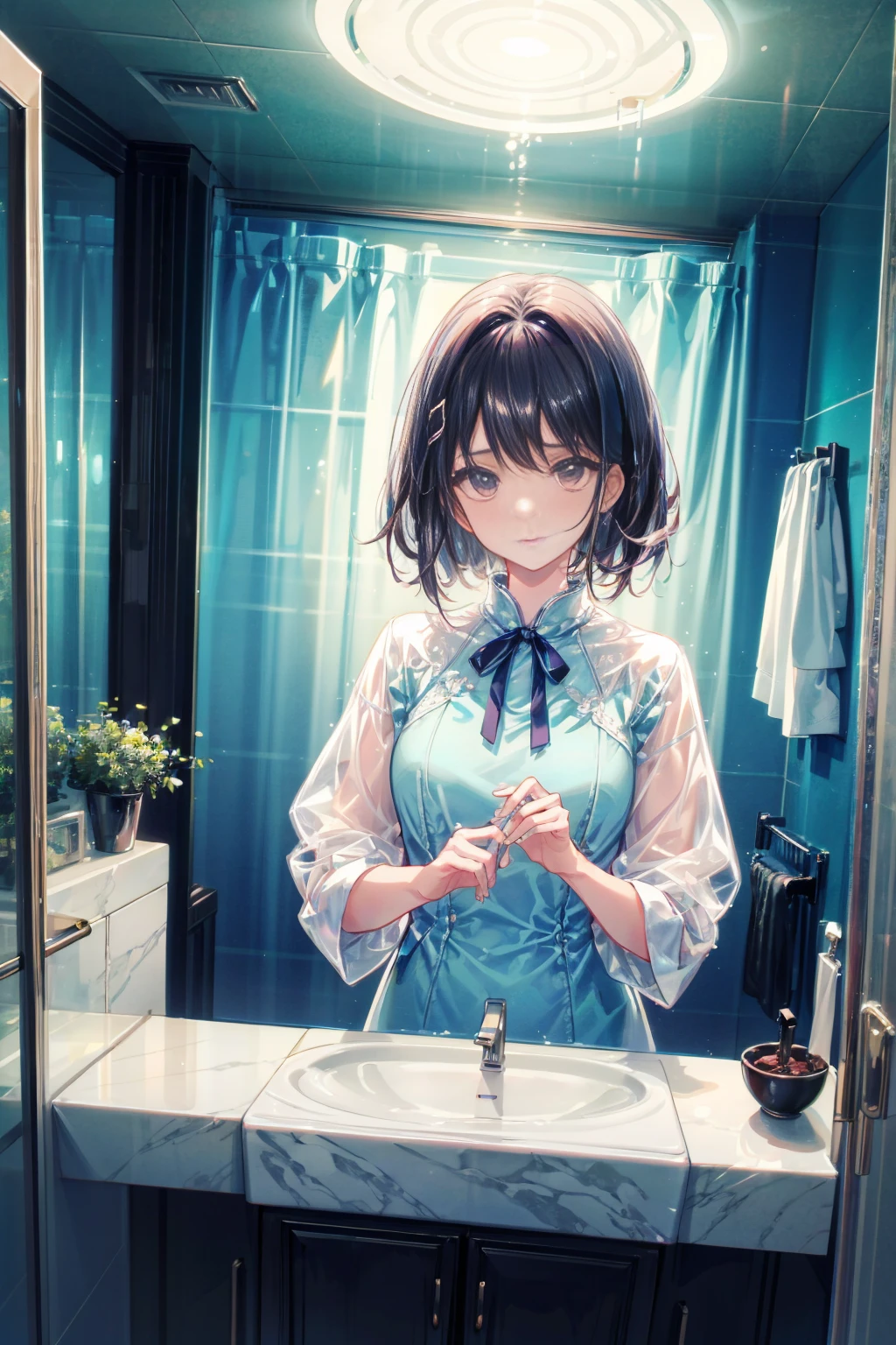 (Very detailed figure), masterpiece, (Very detailed), Detail Quality Top Quality, (Very detailed: 1. 1), Very detailed light reflection, Harmony, Very detailed background, Very detailed, High resolution, production Official art, Very detailed, figure, Novel cover, Beautiful woman、Draw a scene of Misaki standing in front of the bathroom mirror.。Misaki is wearing a transparent dress with a light mist-like texture.。The dress symbolized her loneliness.、It gives a heavy yet ephemeral feeling.。Her expression is sad and introspective.、I'm looking at myself in the mirror。The background is a simple and contemporary bathroom.、The soft morning light shines in、There's a little bit of steam。The cityscape is faintly reflected in the mirror.。