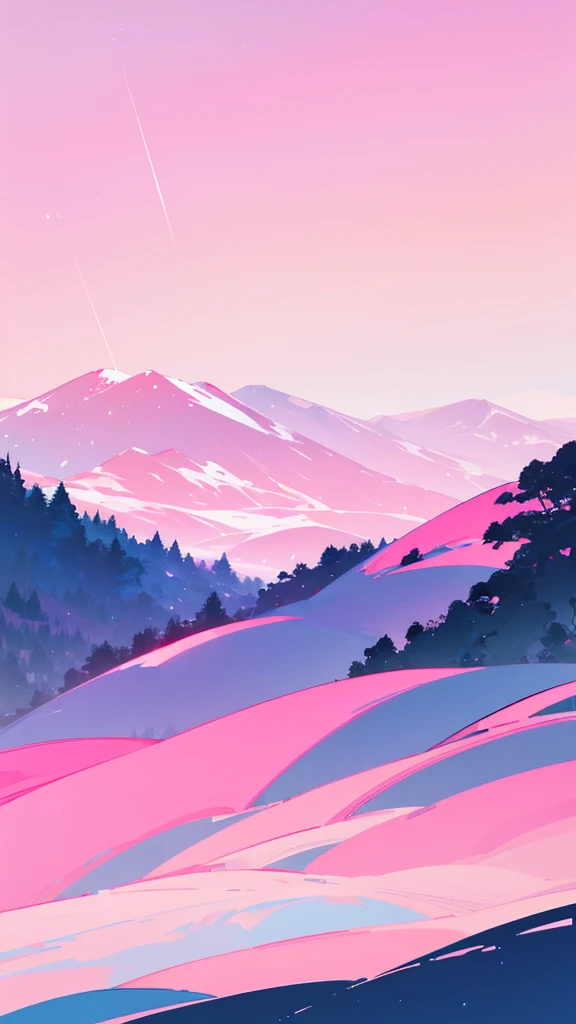 Create a minimalist landscape with mountains and starry sky, with many trees with pink filter