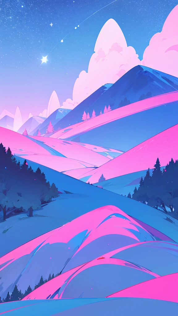 Create a minimalist landscape with mountains and starry sky, with many trees with pink filter