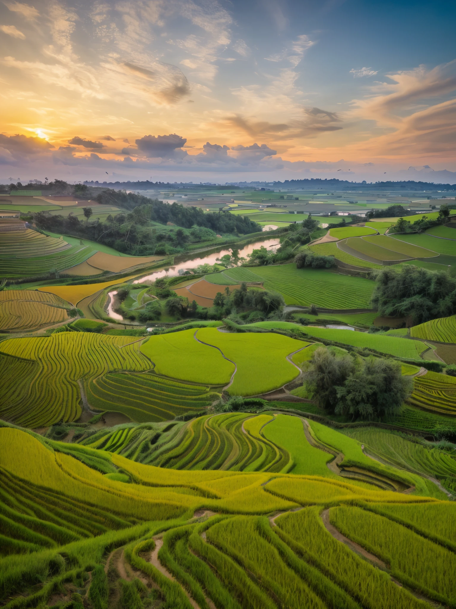 ((best quality)), ((photorealistic)), ((8k)), ((ultra high res)), ((masterpiece)), (detailed), Clouds, rice fields, horizon, sunset