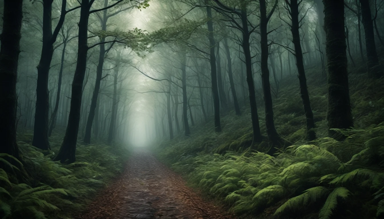 A scary horror image of a forest trail, PICTURE REALISTIC, high resolution, 8K