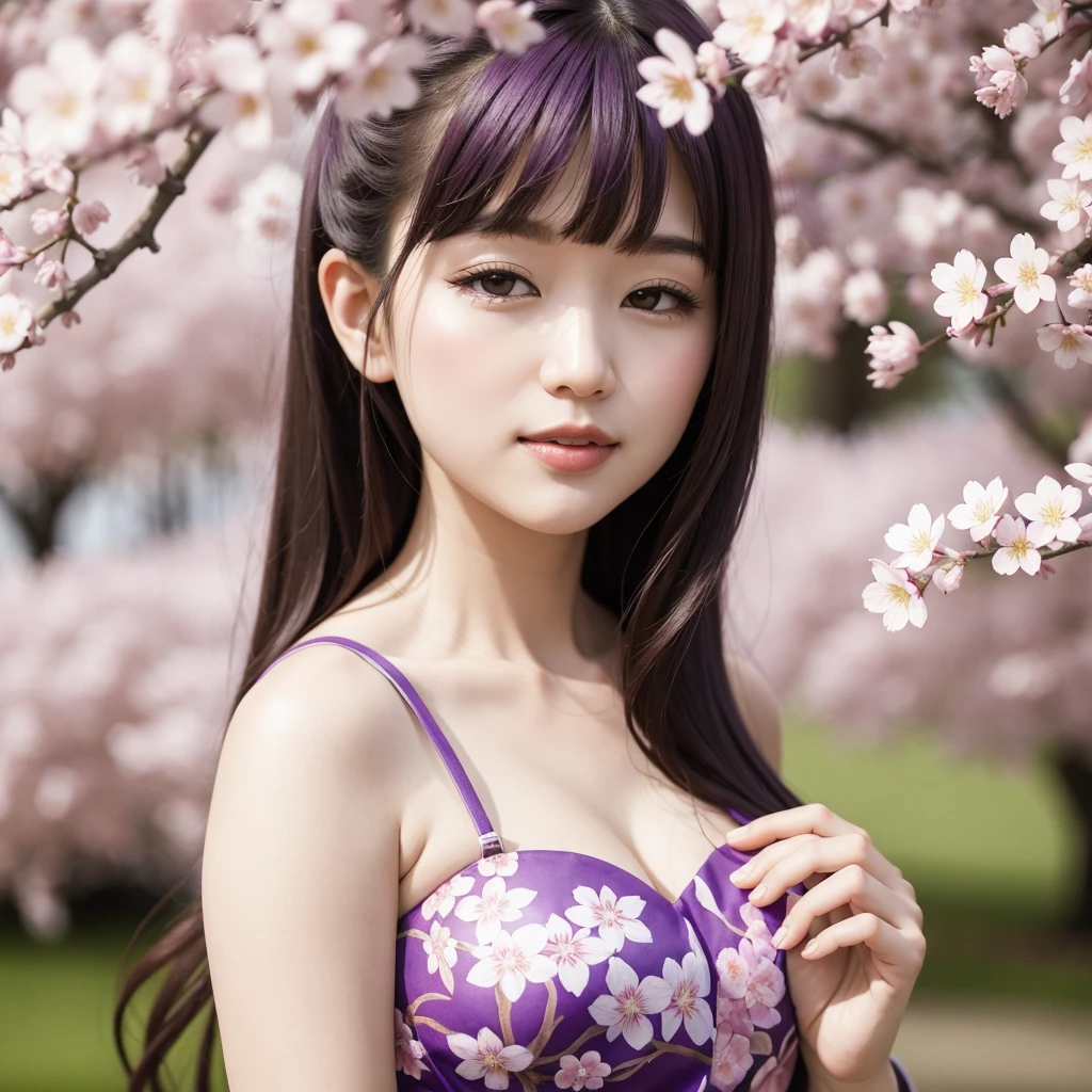 1 hand-drawn purple cherry blossom, nblurry background