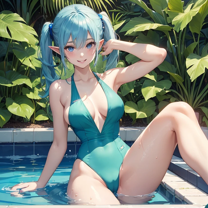 (Absurdres, best high quality, best detailed with gigh quality and very detailed features and textures alone solo character)
{{(20 years old blue-cobalt-blue-haired elf girl: (pale skin, hair tied in two high-pigtails, heterochromatic eyes, very thin lips, nice feminine body, breasts, big butt, beautiful arms, beautiful legs, happy face, open smile, patting her breasts happy), (light-green one-piece swimsuit), (pool garden)}}