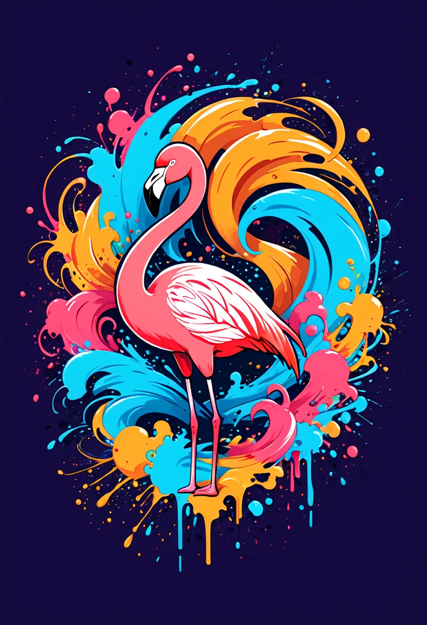 T-shirt logo with vector art, Colorful illustration with flamingo, At the center, swirly vibrant colors,graffiti art,ink spatter,Wild and unbridled,paint splash painting,rich and colorful,visual impact,modern aesthetic,Elegant and simple, hawaii island background