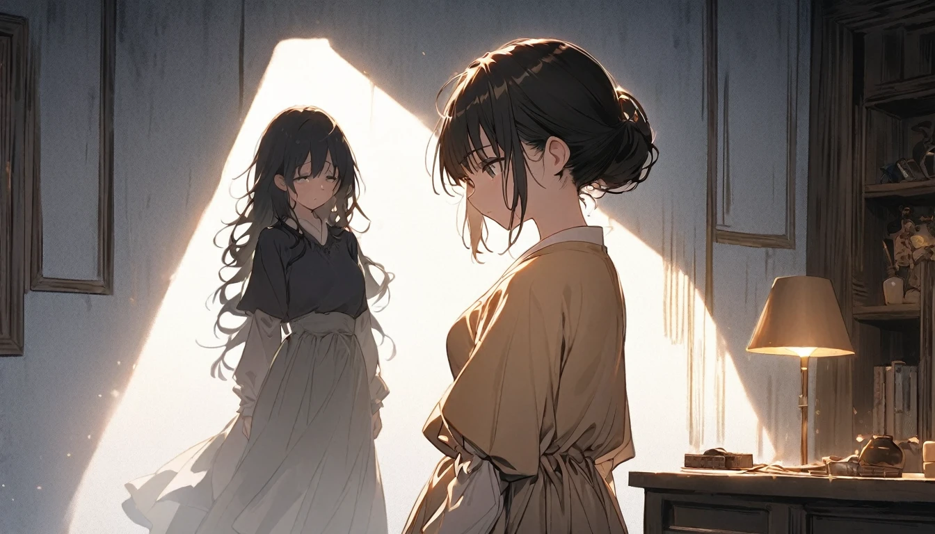 An anime girl standing in a softly lit room with a melancholic expression. The background shows a cozy room with personal items scattered around, indicating a once cherished relationship. A window lets in the soft light of a setting sun, casting long shadows and a warm glow, symbolizing the passage of time and fading hopes. The girl's posture is slightly slumped, conveying her emotional struggle. The atmosphere is filled with a sense of sadness and realization, but also a hint of strength as she begins to accept the reality and move on. The lighting enhances her reflective mood, with shadows accentuating the depth of her emotions.
