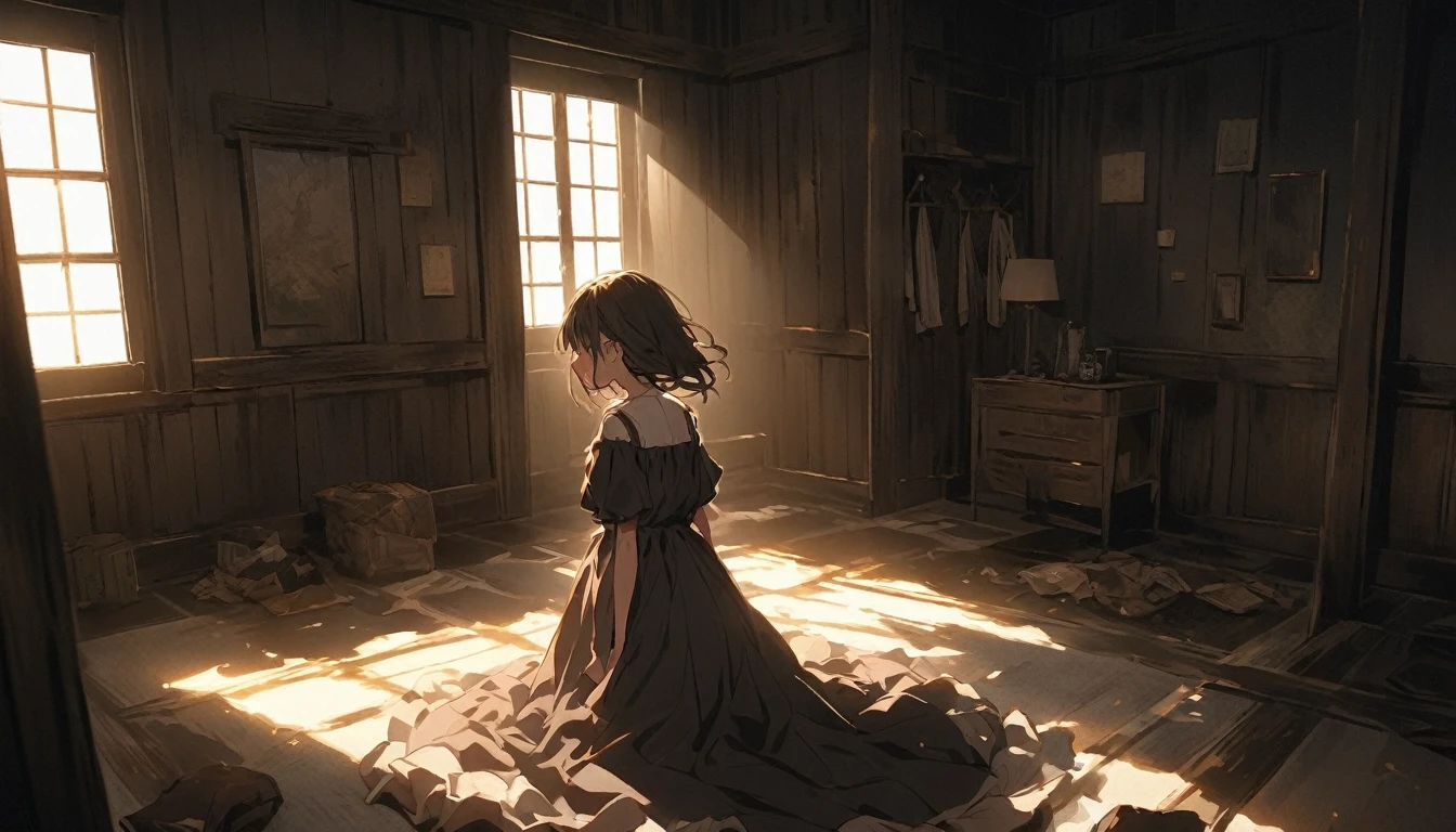 An anime girl standing in a softly lit room with a melancholic expression. The background shows a cozy room with personal items scattered around, indicating a once cherished relationship. A window lets in the soft light of a setting sun, casting long shadows and a warm glow, symbolizing the passage of time and fading hopes. The girl's posture is slightly slumped, conveying her emotional struggle. The atmosphere is filled with a sense of sadness and realization, but also a hint of strength as she begins to accept the reality and move on. The lighting enhances her reflective mood, with shadows accentuating the depth of her emotions.