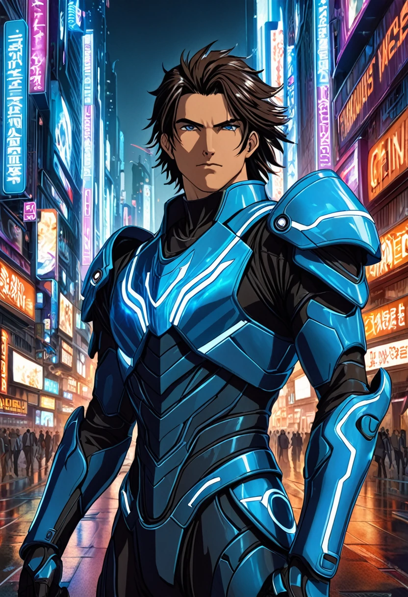 "Create a detailed fantasy close-up artwork of a boy in a bustling, futuristic city. He should be holding a sleek, futuristic sword with glowing runes or energy coursing through it. His outfit should be a blend of modern high-tech armor and stylish, intricate patterns. His hair should be tousled and edgy, and his eyes should reflect determination and confidence. In the background, hints of towering skyscrapers, holographic advertisements, and neon lights should be visible. The overall atmosphere should be dynamic and intense, capturing the essence of a warrior in a futuristic urban setting."