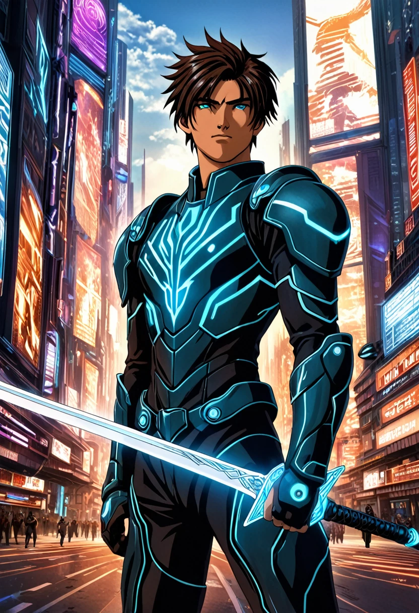 "Create a detailed fantasy close-up artwork of a boy in a bustling, futuristic city. He should be holding a sleek, futuristic sword with glowing runes or energy coursing through it. His outfit should be a blend of modern high-tech armor and stylish, intricate patterns. His hair should be tousled and edgy, and his eyes should reflect determination and confidence. In the background, hints of towering skyscrapers, holographic advertisements, and neon lights should be visible. The overall atmosphere should be dynamic and intense, capturing the essence of a warrior in a futuristic urban setting."