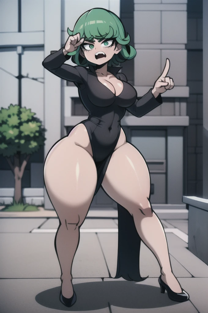 absurdres, highres, ultra detailed, curly hair, looking at viewer, black dress, long sleeves, high heels, angry, full body, pointing_at_viewer, outdoors, city, massive thighs, wide hips, thick legs