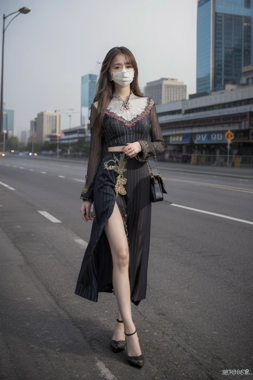 ((original photography:1.2)),Photographed by mobile phone,RAW photos,(masterpiece, Top quality, best quality,Official Art, beautiful and aesthetic:1.2),Night view of Beijing,violent storm,1 Girl, Perfect body,Full body portrait,Fashion的头发, Very long hair, delicate eyes, Side Light, Sweating,(With a mask), Huge breasts,Fashion的民族服飾,Tight long skirt,(intricate ethnic costumes、embroidery、stripe、pattern、Fashion、Hollow),Long slender legs