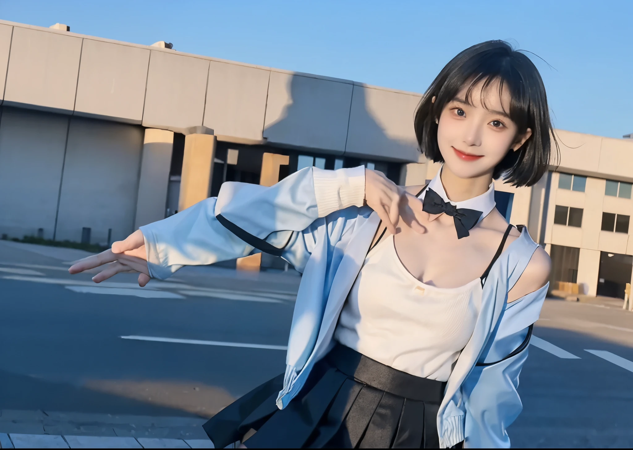 (masterpiece, best quality,extreme detAIled beautiful Eye), Optimal lighting, Perfect lighting,Look at the audience, (1 girl, Solitary,sky, City:1.3),NanasakiAI,Nanasaki_AI,
(whole body,Dynamic Angle,Dynamic poses,Smile,shining_Eye:1.2),(long_sleeve,Black_jacket,jacket,School_,Gibito_High target_School_:1.2),
(short_hAIr,Large target_breast,clavicle:1.2),Black_bow tie,Black_skirt,Wrinkles_skirt,White_shirt