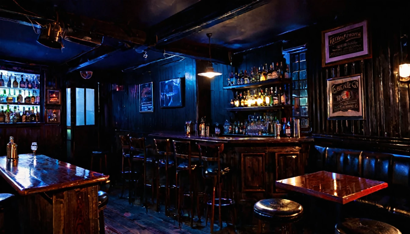 corner bar, dark night, tense atmosphere, no people in the place