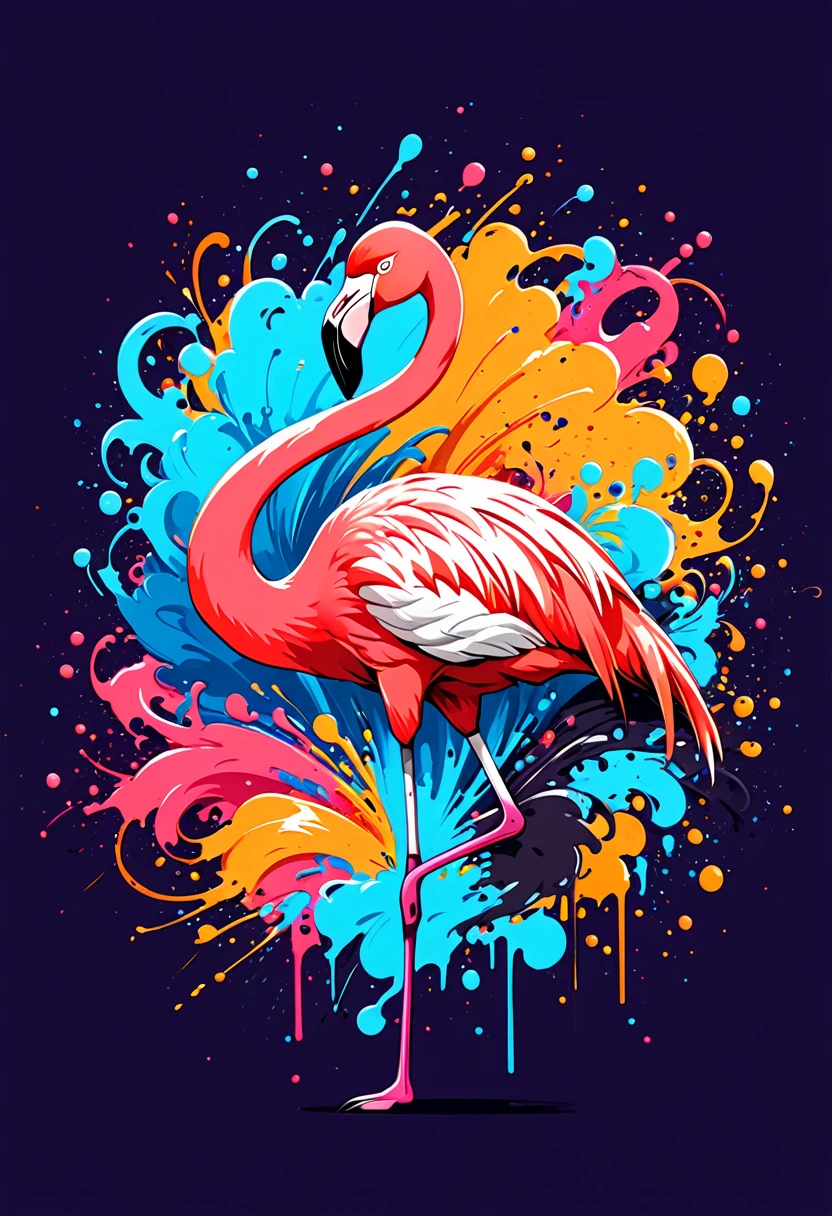 T-shirt logo with vector art, Colorful illustration with flamingo, At the center, swirly vibrant colors，graffiti art，ink spatter，UHD quality, details in 16k, Wild and unbridled，paint splash painting，rich and colorful，visual impact,modern aesthetic,Elegant and simple