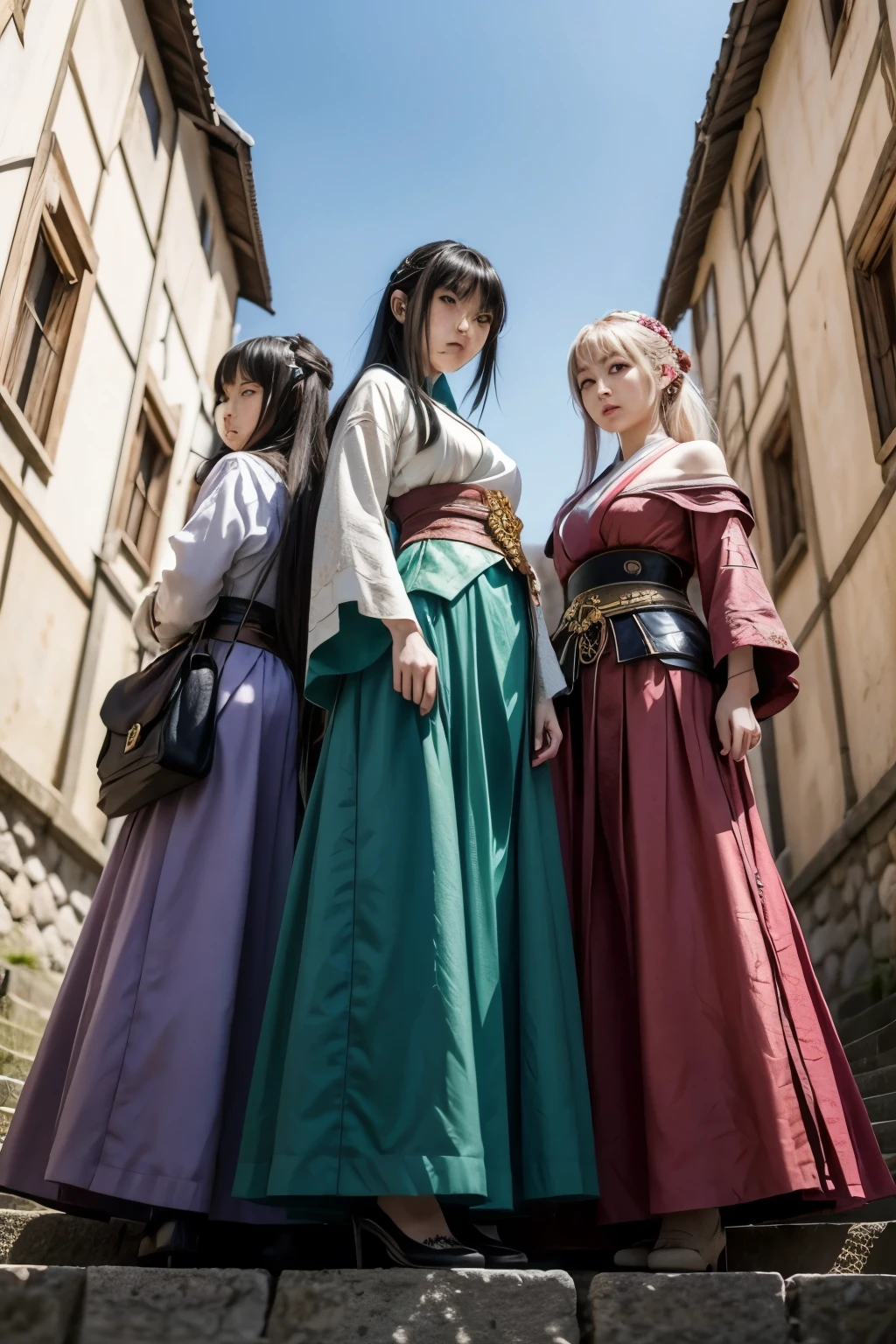 japanese anime style. Women. Middle Ages. Europe. Fancy. Skirt. sword. They are standing. whole body. from below.