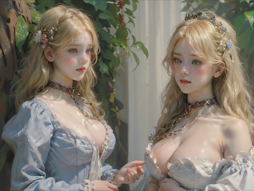 2girls,pov, women, seductive stare, ((((linked collar, collar linked together, collars linked, linked together)))), ((18 yo, detailed face, feminine skin)) , fit , (young) , beautiful , (((pale skin, wavy blonde hair))), dreamy, loving stare, bright magical fairytale fantasy atmosphere, sexy, flowers in hair, surrounded by flowers, happy, playful, ((big soft heavy breasts, busty cleavage, maid, huge tits)), in love, magical mist energy, hair flower, blush, pretty, elegant, cute, youthful, teen, teenager, choker, collar, ((huge hanging boobs)), (((Baroque court dress, fantasy, aesthetic of softness and gentleness and innocence and fertility, ruby necklace)))