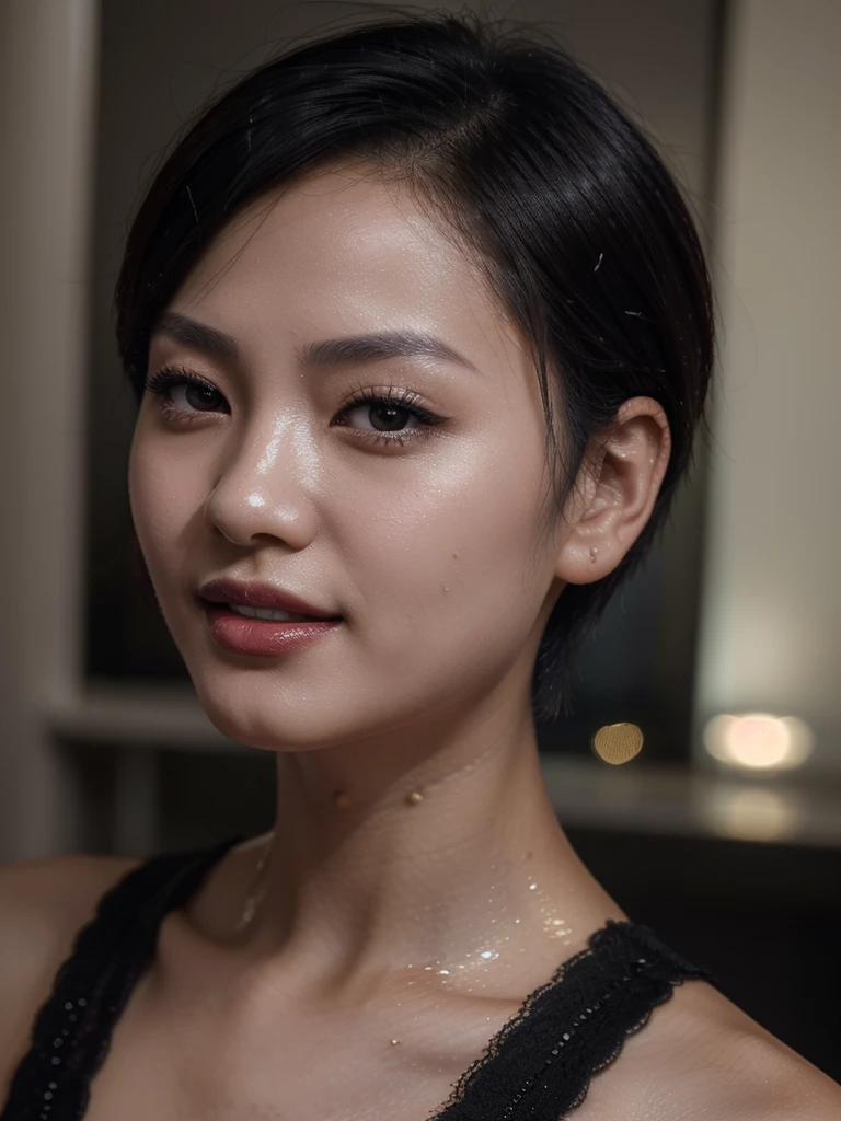 A selfie of a Chinese girl with short hair ((close up photo)) ((best quality)), ((masterpiece)), (detailed), perfect face, ((8k quality pic)) natural lighting, night time, from the side , smile, (perfect shiny black eyes) (natural lipstick), a selfie picture from a girl