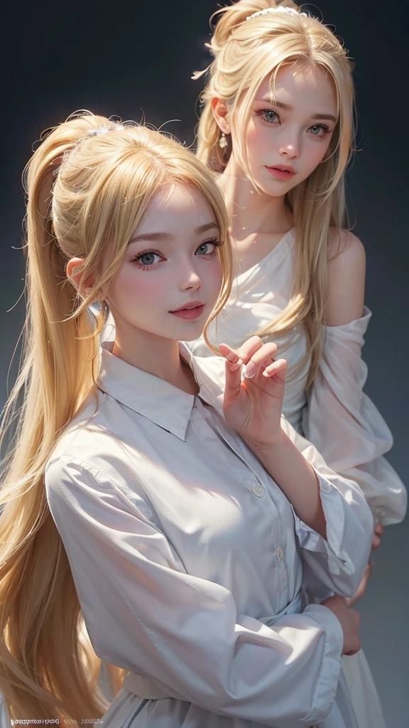 (Hair:Long, blond, and tied up in a high ponytail.
Eyes: Large and expressive with long eyelashes.
Eyebrows: Well-groomed and defined.
Nose: sharp and delicate.
Mouth: slim lips, smiling broadly.
Skin: Smooth and white.
Build: Has a skinny yet plump build.
Face: Youthful, long and oval.
Clothes: Jersey)
(((Realistic, high resolution, carefree, child)))