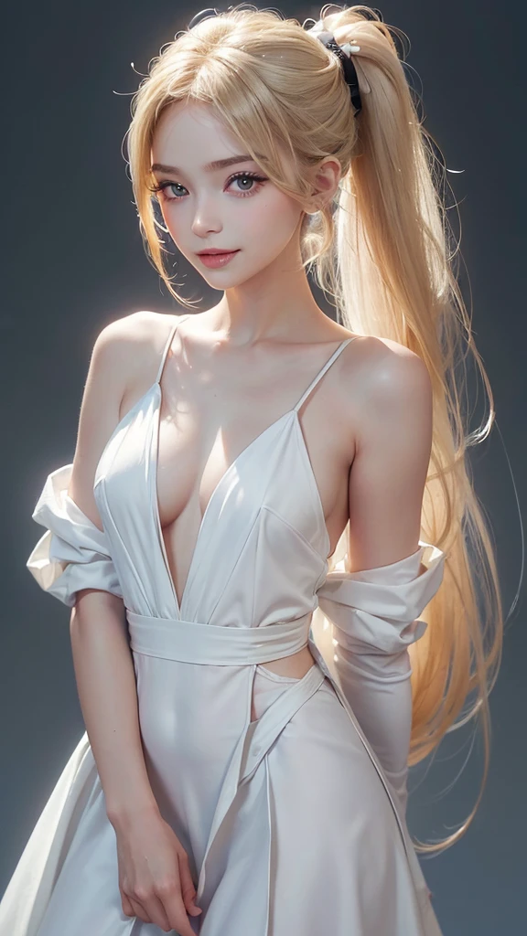 (Hair:Long, blond, and tied up in a high ponytail.
Eyes: Large and expressive with long eyelashes.
Eyebrows: Well-groomed and defined.
Nose: sharp and delicate.
Mouth: slim lips, smiling broadly.
Skin: Smooth and white.
Build: Has a skinny yet plump build.
Face: Youthful, long and oval.
Clothes: Jersey)
(((Realistic, high resolution, carefree, child)))