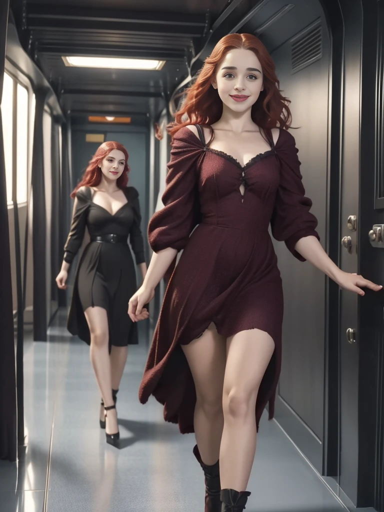 a sexy 28 year old woman, beautiful pelirroja woman EMILIA CLARKE, detailed eyes, lush lips, flirtatious smile, youthful enthusiasm, standing on the bridge of a starship, wearing lord of the rings dress and stockings, walking down the corridor, realistic, photorealistic, 8k, high quality, masterpiece, studio lighting, extremely detailed