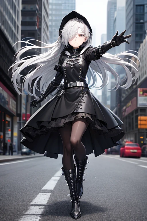 ((best quality)), ((masterpiece)), (detailed), 1 girl, Full body, 18 years old, Depressed face, Silver eyes, One eyed, Outstretched arms, Covered eyes, Silver hair, Long hair, Spiky hair, Bangs, Strand of hair covering eye, Full body, Very tall, Athletic, Small breasts, Slim, Gray zippered hood, Metal spikes, Gray wristbands, Long black spiked gloves, Gray gothic outfit, Gothic lolita, Gray dress with metal spikes, Metal emblem, Tight fit, Black belt, Black pantyhose, Black boots, Walking through the city, Metal spikes coming out of the highway, City background, Gray clothes, Superhero, Anime, Plush rabbit in her arms