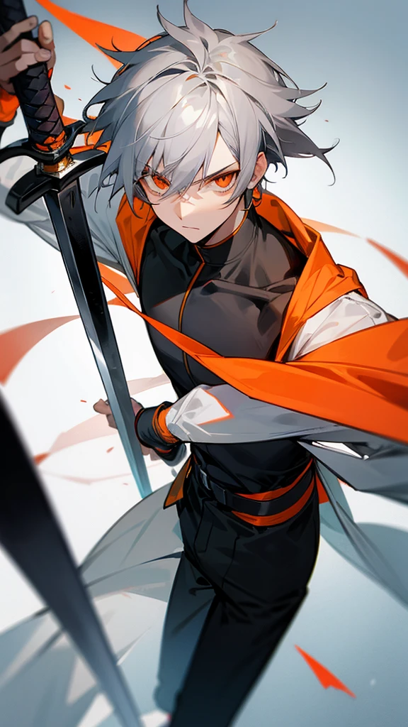 Male character with gray hair and orange eyes and with sword