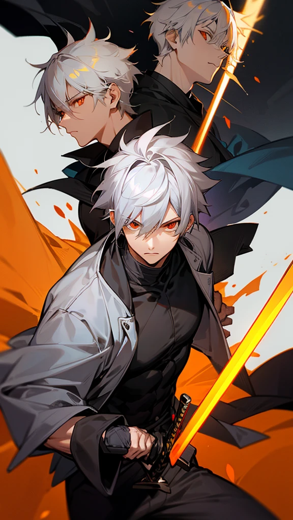Male character with gray hair and orange eyes and with sword