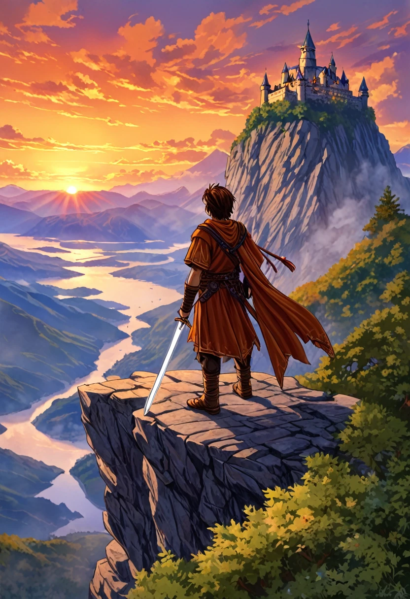 ""Create a detailed fantasy close-up artwork of a boy standing on a cliff at sunset, overlooking a vast, mystical landscape. He should be holding an ornate sword with intricate designs and glowing runes. His outfit should be a mix of rugged adventurer gear and elegant, ancient warrior attire. His hair should be windswept, and his eyes should reflect both determination and a sense of wonder. The background should feature a stunning sunset with vibrant colors, casting a warm glow over the scene, with mountains, forests, and a distant castle adding to the epic atmosphere."