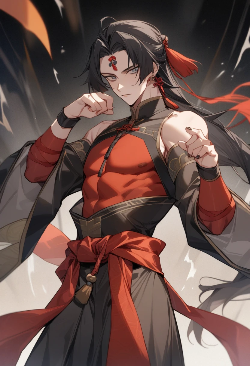 (masterpiece, best quality:1.2), 1male, solo, wei wuxian, mo dao zu shi, mdzs, black and red clothes, grey eyes, long black hair, perfect anatomy, red ribbon around the waist