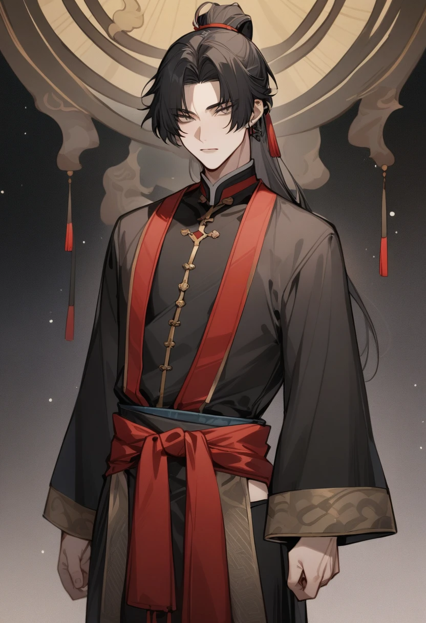 (masterpiece, best quality:1.2), 1male, solo, wei wuxian, mo dao zu shi, mdzs, black and red clothes, grey eyes, long black hair, perfect anatomy, red ribbon around the waist
