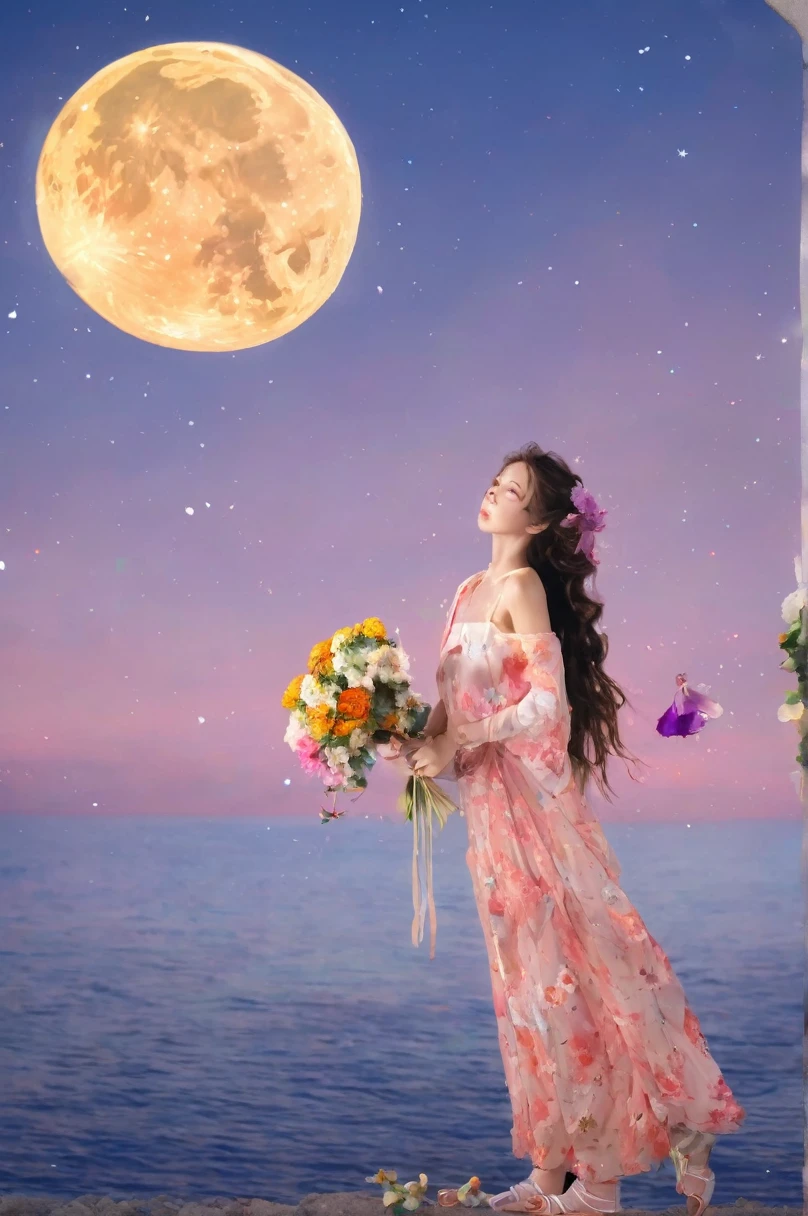 high resolution, 8K, ridiculous 1girl, moon, ocean, flower, 