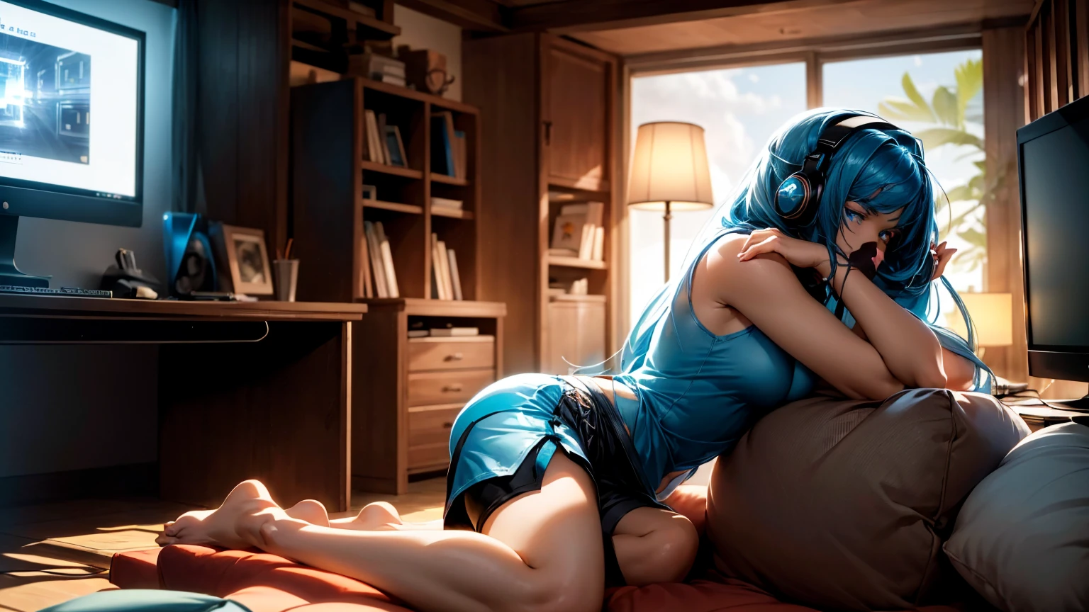 Create a high-quality, detailed image of a beautiful, anime gamer girl and long hair, bright blue eyes, sitting at her gaming PC in her gaming room. She is wearing a see through tank to, and sleep shorts, showing her midriff, highlighting her stunning curves. The warm, inviting scene includes soft ambient lighting, comfortable seating, The setting is illuminated by a small lamp, creating a serene and intimate atmosphere