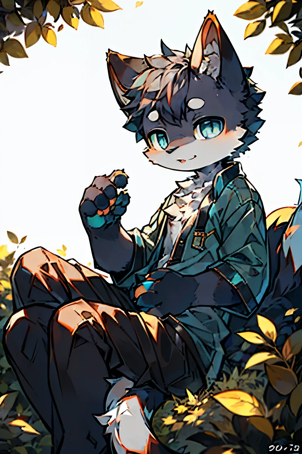 ((best quality)), A happy black and white anthropomorphic anime furry cat boy with blue eyes, sitting alone under the golden ginkgo leaves. The anime cat boy has a furry body, furry legs, furry paws, and a furry tail. The sunlight shines on the cat, creating volumetric lighting that enhances the detailed fur texture. The artwork should showcase the beauty of furry art, with a focus on the cat's expressive blue eyes and its cute and heartwarming face. The overall mood should convey a sense of nostalgia and reflection, while still portraying the cat as incredibly adorable. The color tones should be warm and golden, inspired by the sunlight filtering through the leaves. The lighting should accentuate the cat's features and create a serene atmosphere.