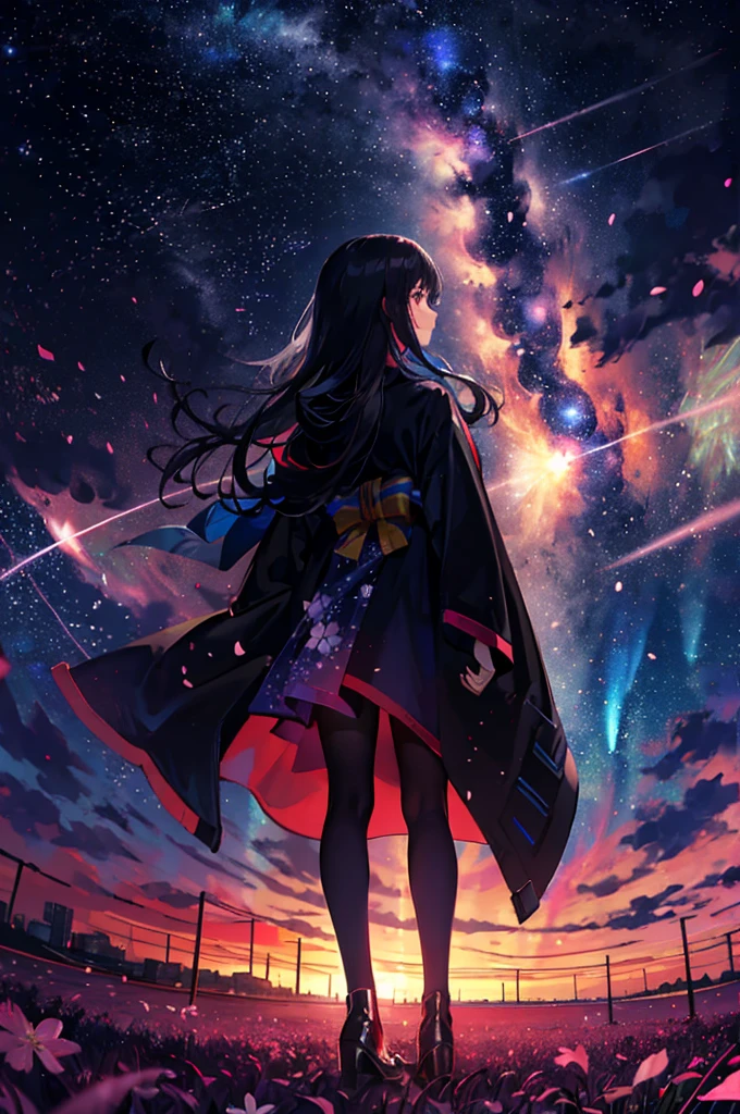 One girl, distant girl wearing a long coat staring at the performer, (Zoom out:1.1), (Meteors:1.2), (comet:1.1),Low - Angle, From behind, Aloura Borealis, shooting star, yukata, Black coat, cherry blossoms, Standing in the field,Highest quality, masterpiece, cloud,colorful, Starry sky,performer,