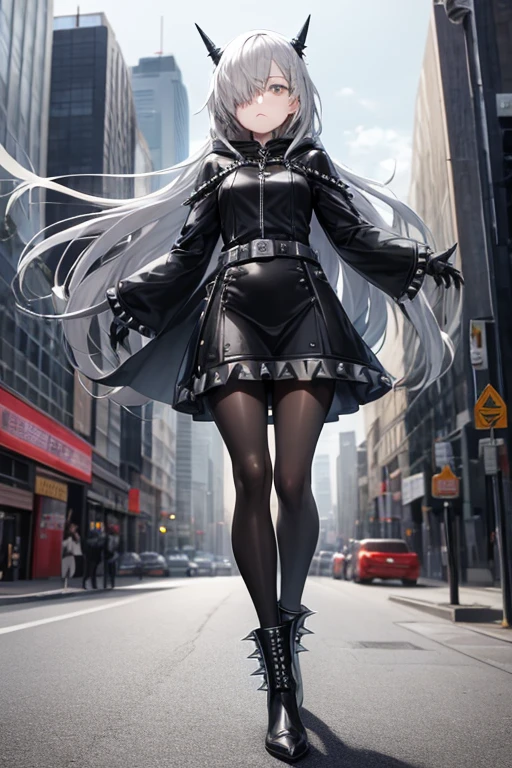 ((best quality)), ((masterpiece)), (detailed), 1 girl, Full body, 18 years old, Depressed face, Silver eyes, One eyed, Outstretched arms, Covered eyes, Silver hair, Long hair, Spiky hair, Bangs, Strand of hair covering eye, Full body, Very tall, Athletic, Small breasts, Slim, Gray zippered hood, Metal spikes, Gray wristbands, Long black spiked gloves, Gray gothic outfit, Gothic lolita, Gray dress with metal spikes, Metal emblem, Tight fit, Black belt, Black pantyhose, Black boots, Walking through the city, Metal spikes coming out of the highway, City background, Gray clothes, Superhero, Anime, Plush rabbit in her arms