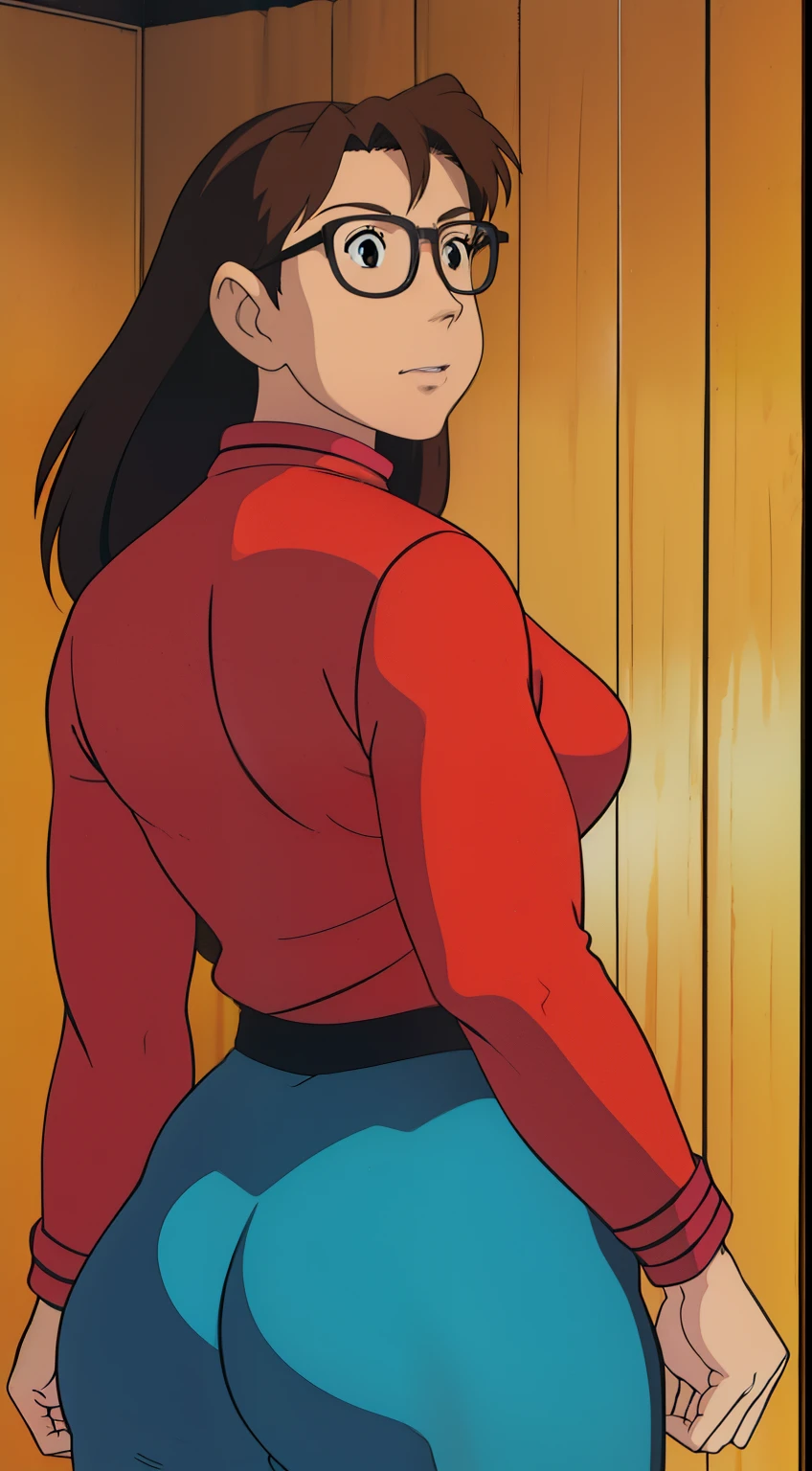 Koyomi mizuhara, eyes, glasses, brown hair, long hair, medium breasts, sports Long sleeved Jersey shirt, medium bubble butt, biker leggings, back of view, Wallpaper, 90’s, vintage, high quality, kinky gesture, skin tight, Pinup, nose, sexy lips, tight ass cheeks, looking back, studio ghibli Art, nice ass, arching her back