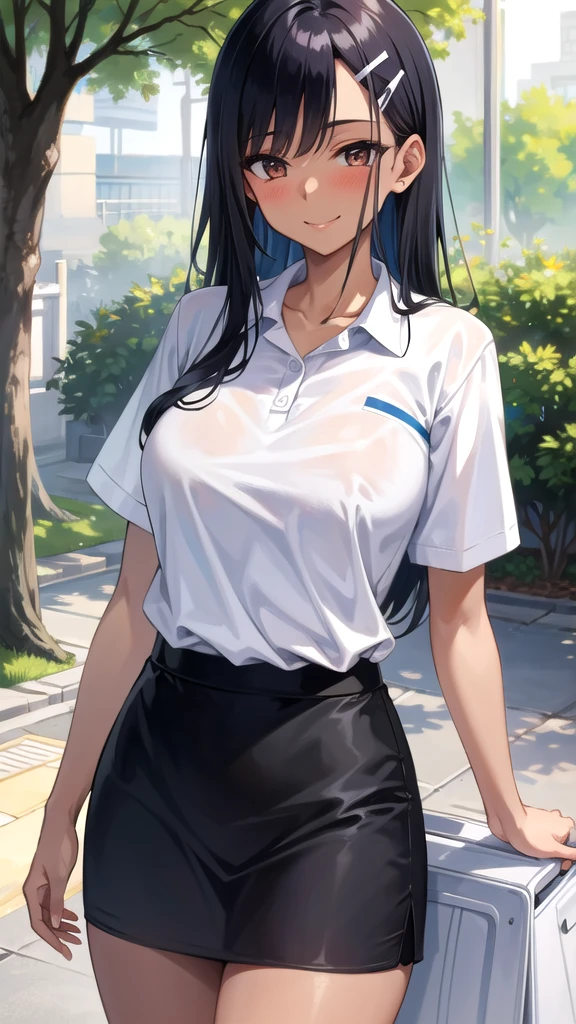 ((best quality)), ((masterpiece)), (details), one girl, sexy ((best quality)), ((masterpiece)), (details), one girl, sexy ((best quality)), ((masterpiece)), (details), one girl, full body, sexy expensive body, expensive, long legs, mature woman, mature, adult, it_nagatoro_main, Hayase Nagatoro, one girl, blushing, alone, uniform polo shirt, short sleeves, black hair,brown eyes, hair accessory, looking at viewer, hair clip, smiling, long hair, dark skinned woman, dark skin, , bangs, daytime, skirt, collared shirt, collarbone, ear clip, mouth closed, tree, asymmetrical bangs, upper body