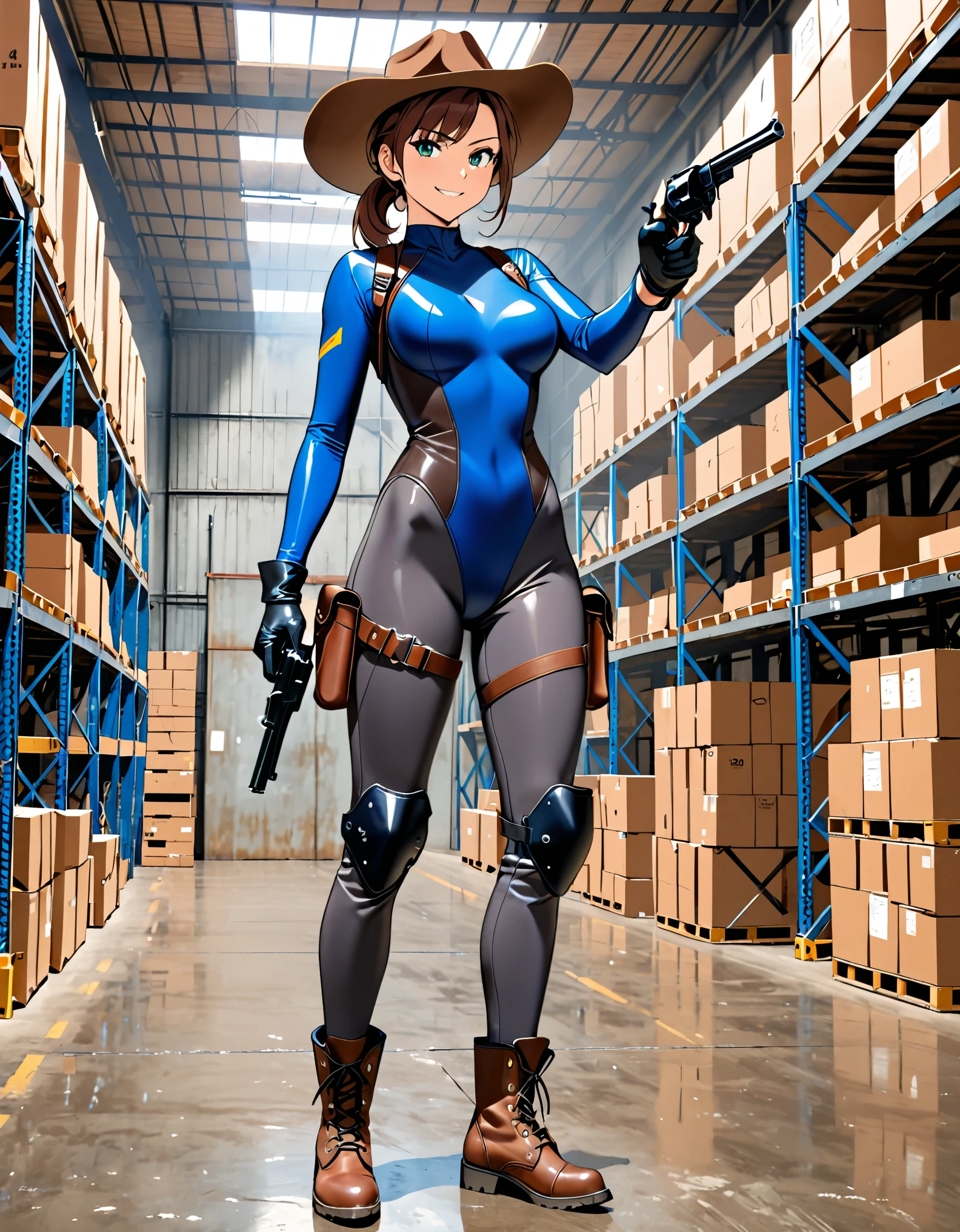 masterpiece, best quality, 1lady, solo, solo focus, (tall body), hispanic, brown hair, short hair, ponytail, blue-green eyes, medium breasts, beautiful detailed eyes, beautiful detailed face, smirk, ((brown cowboy hat)), (bodysuit, (solid blue bodysuit, leotard, dark blue leotard, skin-tight dark grey leggings), perfect fit), long sleeves, (gloves, dark blue gloves, matching gloves, boots, combat boots, dark blue boots, matching boots), drop-down pistol holster, knee pads)), ((pointing pistol at the viewer, revolver)), full body, cowboy shot, empty warehouse, danger atmosphere.