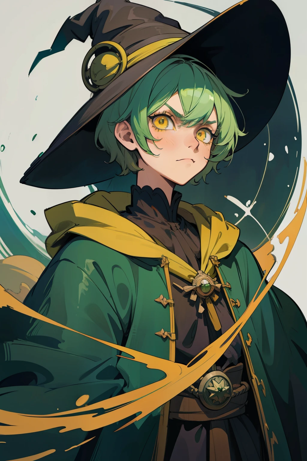 anime character, short green hair, yellow eyes, wizard, witch, big wizard hat, adventurer outfit, closed mouth, serious, anime, Gothic art, high details, high quality, 4K, HD, masterpiece, anatomically correct