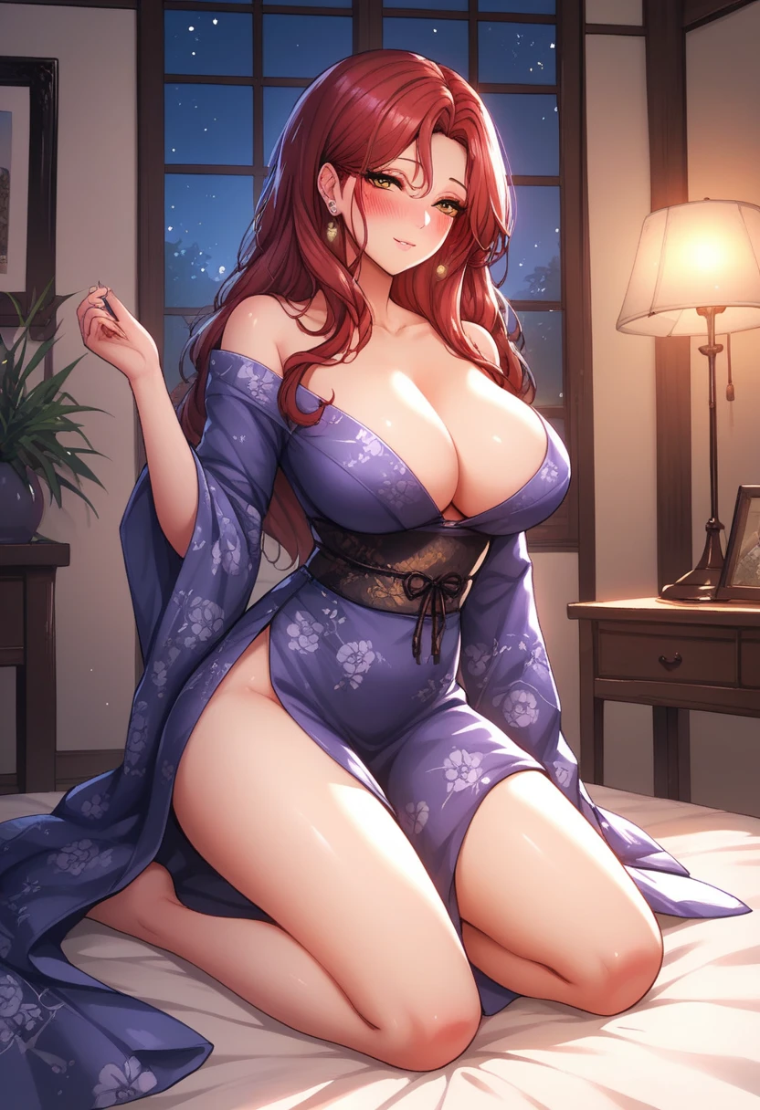 score_9, score_8_up, score_7_up, score_6_up, score_5_up, score_4_up, yu hee, golden eyes, red hair, long hair, thigh, elegant purple yukata dress, kneeling on the bed, traditional, beautiful eyes, blush, solid, traditional Chinese room, night , medieval room,